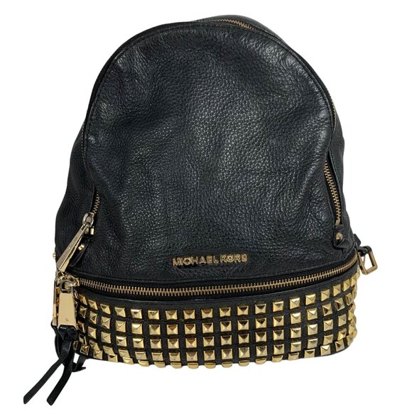 MICHAEL KORS Rhea Gold Tone Studded Black Leather Med Backpack ONE MISSING - Picture 1 of 16